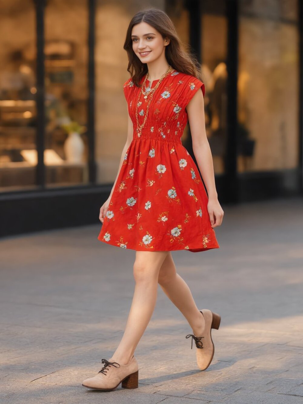 Free People (US XS) Greatest Day Smocked Button-Down Orange Floral Mini